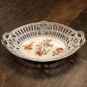 ACS Bavaria Reticulated China Porcelain Oval Candy, Nut Dish Floral Gold Vintage
